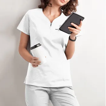 Здравеопазване медицинска сестра туника жени твърди джоб скраб върховете къс ръкав блуза салон за красота гащеризони болногледач униформи за жени