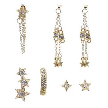 златен цвят корейски сладък обеци комплект звезда луна малка кристал дълга верига обръч обеци за жени мода ухото бижута аксесоари