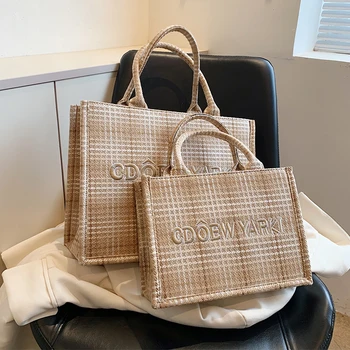 Класическа карирана чанта за жени 2023 Ежедневна модна чанта за рамо с къса дръжка Платно с голям капацитет Голяма пазарска чанта за женски купувачи