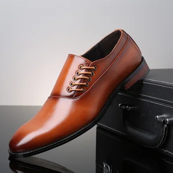 Класически мъжки обувки с кръгла рокля на пръстите на краката Кравешка кожа Бизнес ежедневни обувки Мъжки черни сватбени обувки Оксфорд Официални обувки Голям размер 38-48