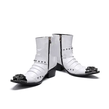 Кожени бели ботуши на висок ток Мъжки метални нитове Botas Hombre странично цип катарама зимни обувки мъже глезена мотоциклетни ботуши