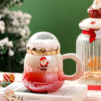 Коледни чаши Дядо Коледа дърво керамична чаша със снежна топка пейзаж капак творчески Коледа подарък празник офис дома мляко кафе чаша