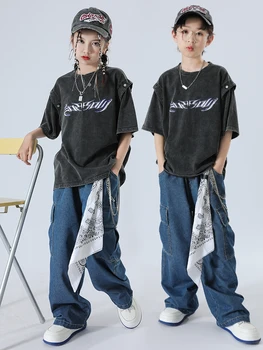 Летни деца ретро стил тениска свободни панталони хип-хоп танц костюм момчета момичета улични танци джаз изпълнение дрехи BL10833