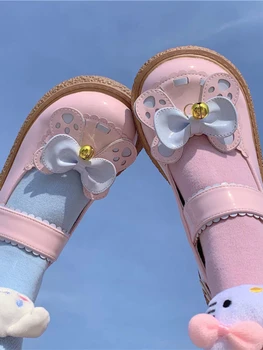 Лолита Kawaii Мери Джейнс обувки жени розов лък японски принцеса плоски обувки дами реколта мода кръг пръсти обувки 2023 лято