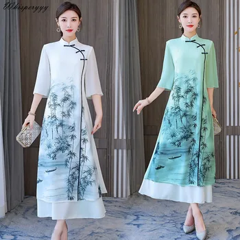 Лято Нов китайски стил Qipao Дамски ретро отпечатани дълги Cheongsam подобрени ханфу тънък традиционен етнически стил Ao Dai рокля