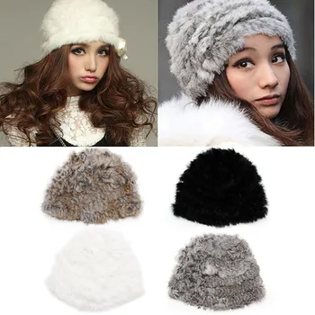 Мода руска дама заек кожа плетена шапка жени зимни топли шапка шапка