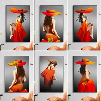 Модерно изкуство Секси оранжева голяма шапка Жена плакати и отпечатъци Картини от платно Картини за стена за хол декор без рамка