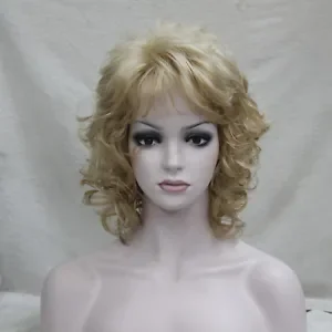 Нова елегантна златна блондинка микс блондинка къдрава къса синтетична коса пълна дамска перука