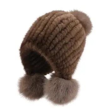 Нова мода Жени Истинска естествена плетена шапка от норка Зимни топли плетени шапки Дамска шапка от лисича кожа