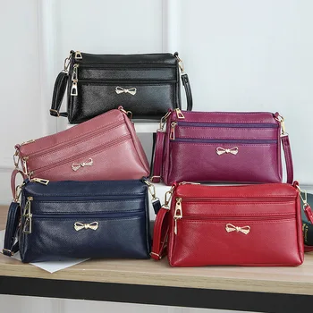 Нова случайна женска чанта мека PU кожена рамо висококачествена мулти-джобна чанта за рамо Плътен цвят дами Crossbody чанта