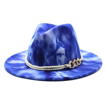 Нова цветна печатна верига fedora шапка жени широка периферия вратовръзка-боя вълнена шапка есен и зима джаз топър на едро