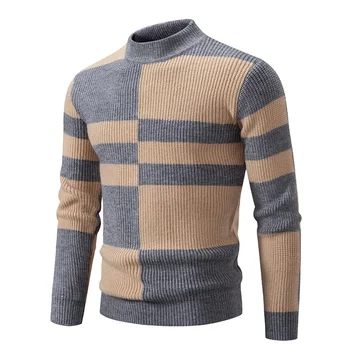 Нови мъже корейски стил Colorblock стойка яка пуловер дълъг ръкав зимата случайни трикотажни пуловер 니트 Свитер Издърпайте Homme