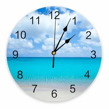 Океан Морска вода Синьо небе Облаци Пейзажи Декоративен кръгъл стенен часовник Персонализиран дизайн Без тиктакане Тихи спални Голям стенен часовник