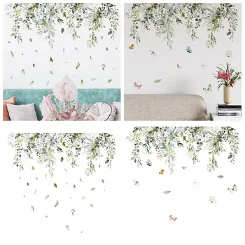 Орнамент самозалепващ стенопис изкуство декорация на дома зелени листа ваденки стена стикери растение лоза пеперуда цвете