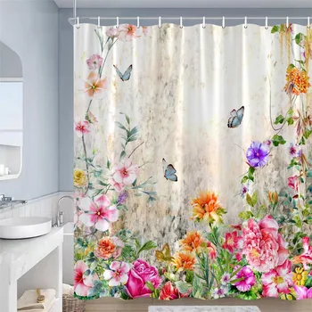 Пеперуда цветя душ завеси розово лилаво синьо акварел флорални растения реколта изкуство модерен плат баня декор с куки