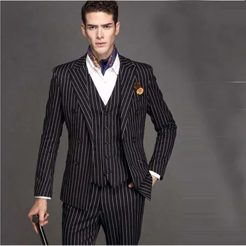 Последни черни бели ивици мъжки костюм тънък 3Piece смокинг младоженец костюми по поръчка абитуриентски блейзър Terno Masculino (яке + панталон + жилетка + вратовръзка)