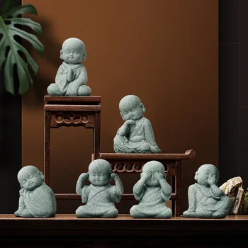Пясъчник Статуя на малък монах, Дзен градина украшение, медитация, сладък дом стая офис аквариум бонсай, фигура фигурка