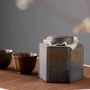 Реколта шестоъгълна запечатани чай буркан керамични декоративни буркан кафе на зърна бонбони кутия за съхранение хол орнаменти занаяти декорация