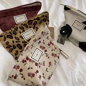 Рипсено кадифе ретро леопард печат козметична чанта измиване чанта жени пътуване козметична торбичка красота съхранение случаи грим организатор съединител чанта