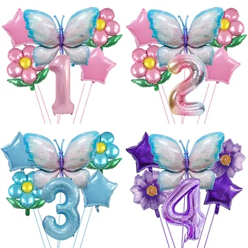Розово синьо лилаво число алуминиев филм балон цвете пеперуда балон комплект Happy Kids Girls рожден ден парти декоративни балони