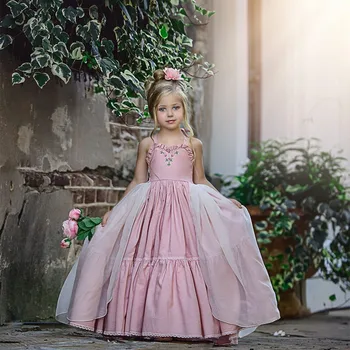 Рокля на момиче цвете розов пухкав плисиран дантелен лък един ръкав Decal сватба елегантен цвете детска евхаристия рожден ден рокля