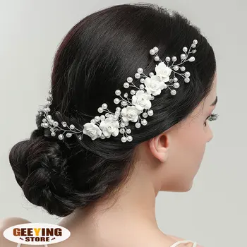 Ръчно изработена перлена цвете булчинска лента за коса мека керамика цвете аксесоари за коса фотография сватбена декорация лента за глава