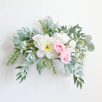 Сватбена арка Изкуствени цветя декор евкалипт листа бял розов стена висящи флорални ред венец фон подпори събитие организира