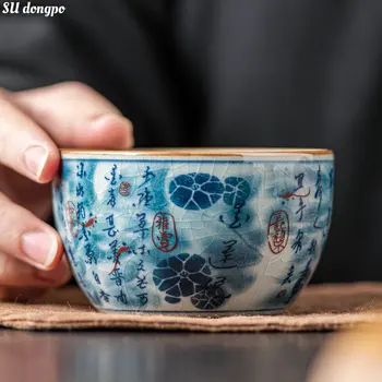 Синьо и бяло Антична стара глина Kungfu чай майстор чаша керамични Fengshui цилиндър чаша китайски стил ретро висок клас чай комплект подаръци