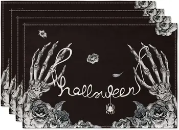 Скелет ръка Хелоуин подложки комплект от 4/6 бр 12x18 инча есен флорални паяк маса постелки за парти кухня трапезария декорация