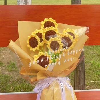 Слънчоглед трикотажни цвете усмивка плетене на една кука цвете ръчно тъкани букет сватбено тържество декорация домашно Ден на учителя подарък 꽃다발