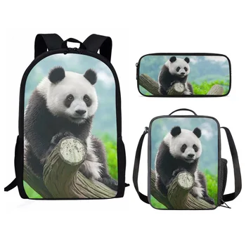 Смешно животно панда вълк куче 3 комплект училищна чанта лека раница за тийнейджър момчета момиче случайни училище чанта обяд чанта молив случай
