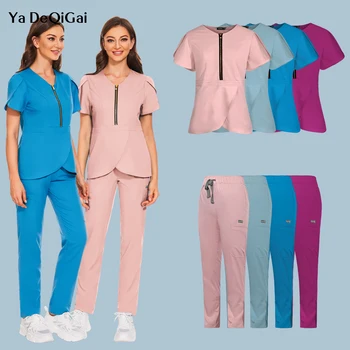Търговия на едро мода скраб костюми униформа плътен цвят болница хирургическа рокля джоб v-образно деколте ексфолианти комплект за жени джогинг