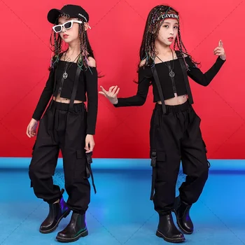 Хип-хоп танцово облекло Черно танцово облекло Яке за момичета Черно хип-хоп състезание Костюм Танцово облекло
