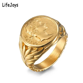 Цезар пръстен злато мъже неръждаема стомана римски император монета пръстен Цезар печат реколта бижута сребърен цвят мъжки подарък размер 7 до 12