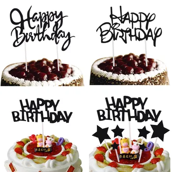 черен цвят Честит рожден ден звезди торта знамена торта топер блясък картон рожден ден парти торта печене декор доставки DIY