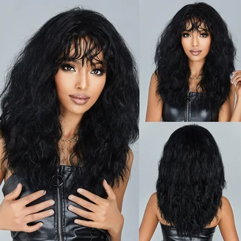 Черни къдрави синтетични перуки естествени дълги дамски перуки с бретон дълбока вода вълна бохемски косплей перука за черни жени фалшива коса